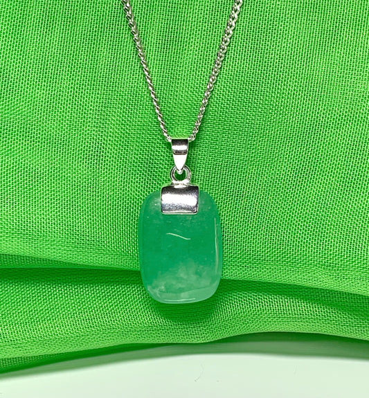 Pendant necklace having a real green jade sterling silver cushion shaped