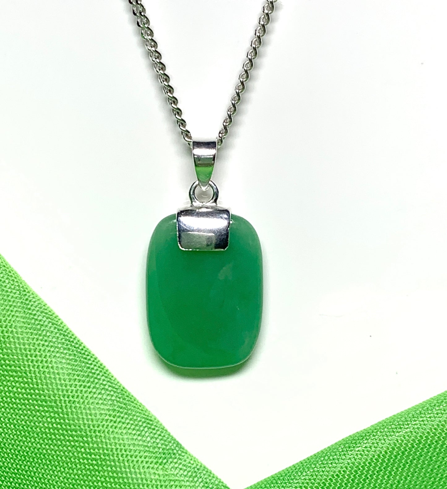 Pendant real cushion shaped green jade necklace sterling silver