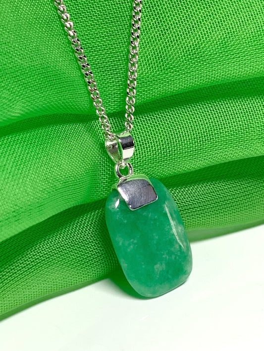 Real cushion shaped green jade necklace sterling silver