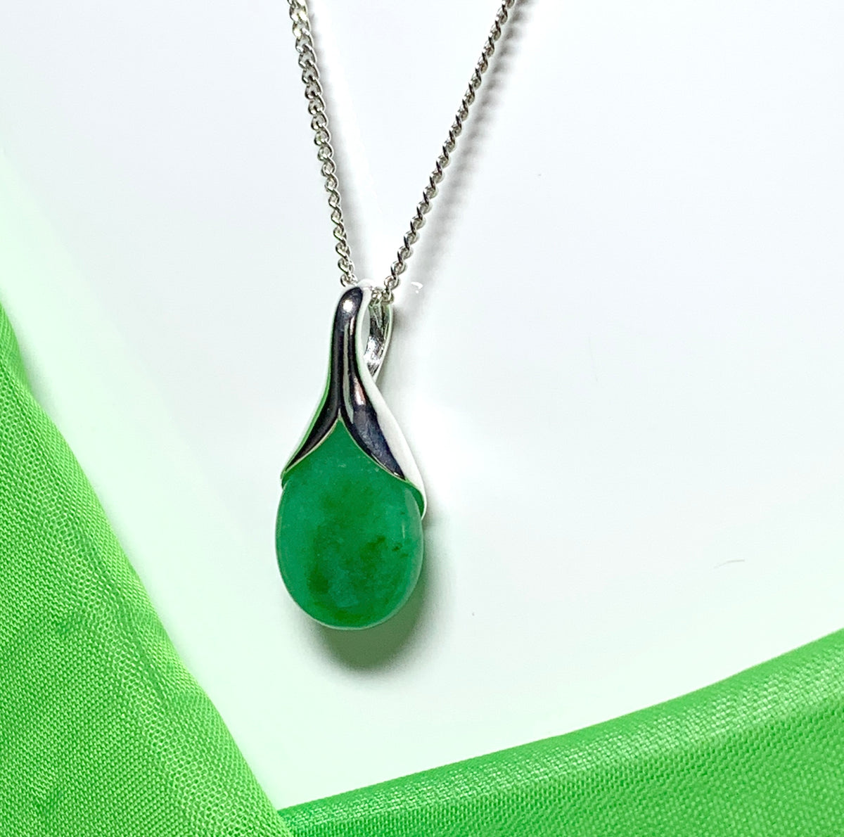 Real green jade tear drop sterling silver pear or teardrop shape pendant