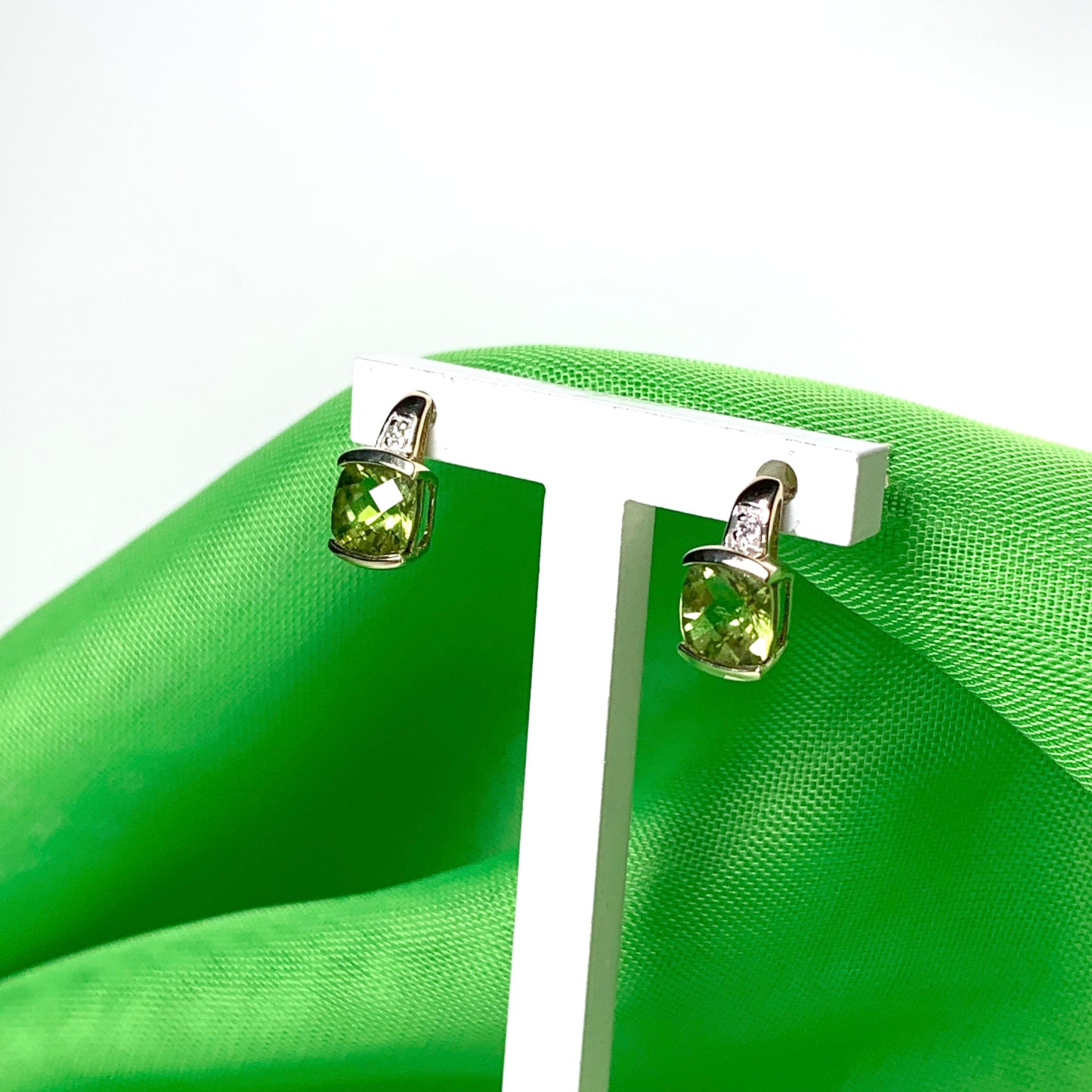 Peridot and diamond yellow gold cushion shaped earrings