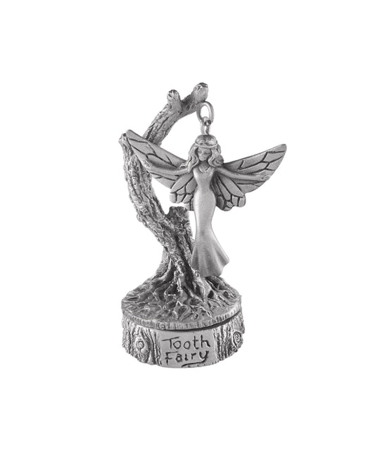 Pewter fairy hanging flying by a tree first tooth and first curl trinket box christening gift