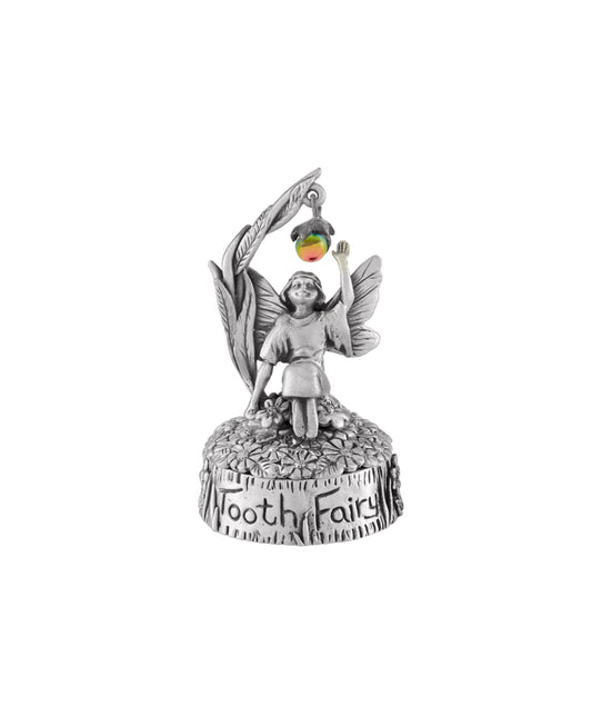 Pewter fairy sitting and reaching for a crystal fruit in a tree first tooth and first curl trinket box christening gift