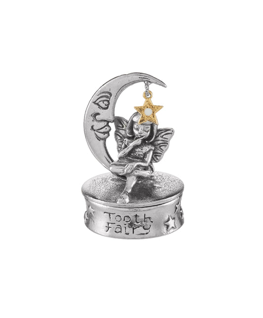 Pewter fairy sitting under the moon and a star first tooth and first curl trinket box christening gift