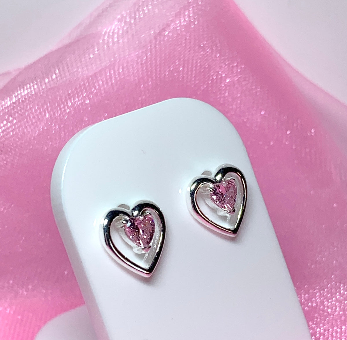 Pink heart shaped stud earrings cubic zirconia sterling silver