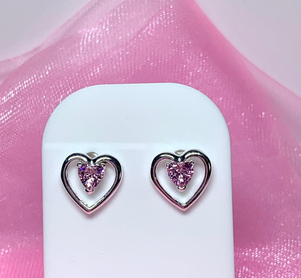 Pink heart shaped stud earrings cubic zirconia sterling silver