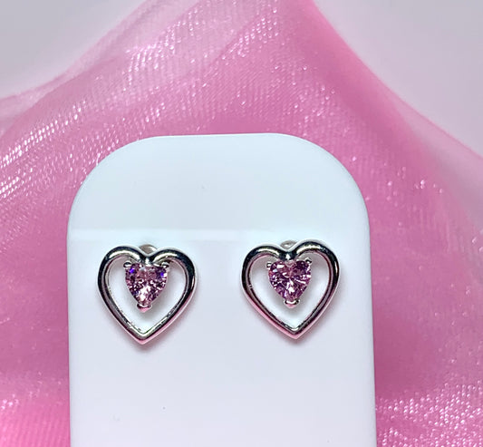 Pink heart shaped stud earrings cubic zirconia sterling silver