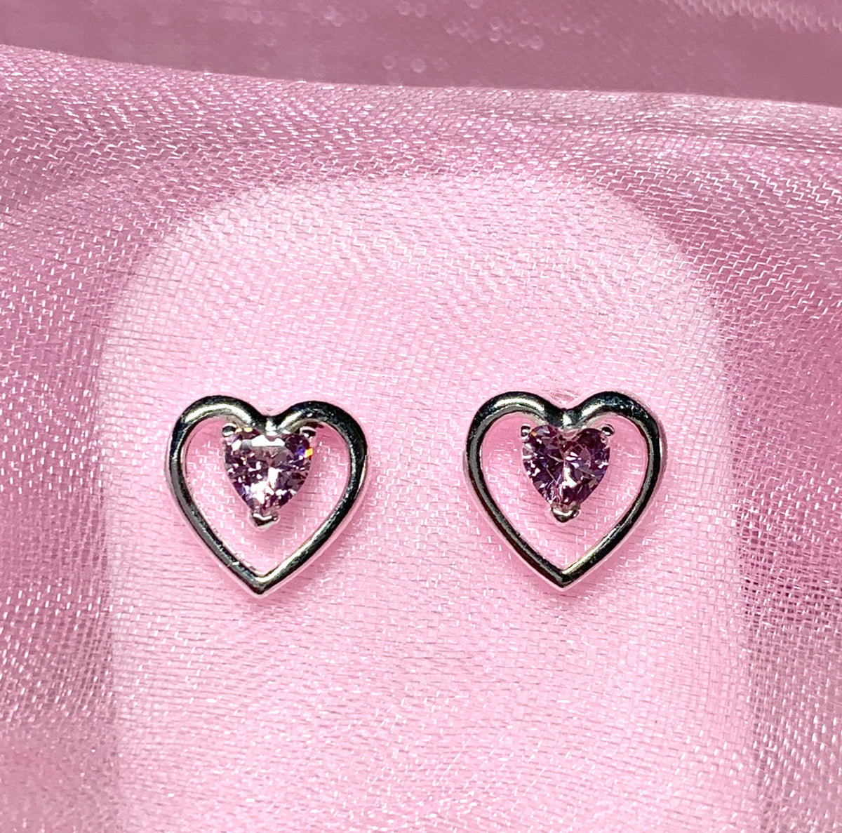 Pink heart shaped stud earrings cubic zirconia sterling silver