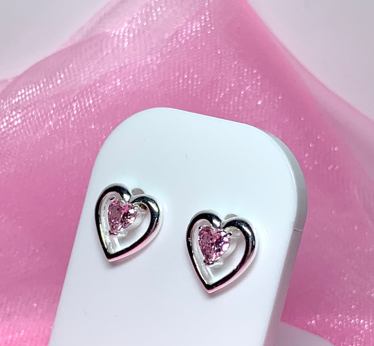 Pink heart shaped stud earrings cubic zirconia sterling silver