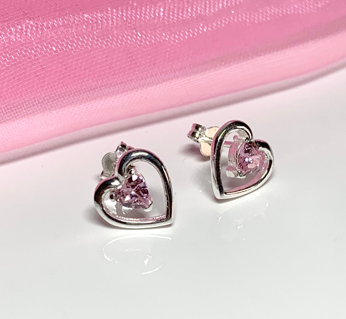Pink heart shaped stud earrings cubic zirconia sterling silver