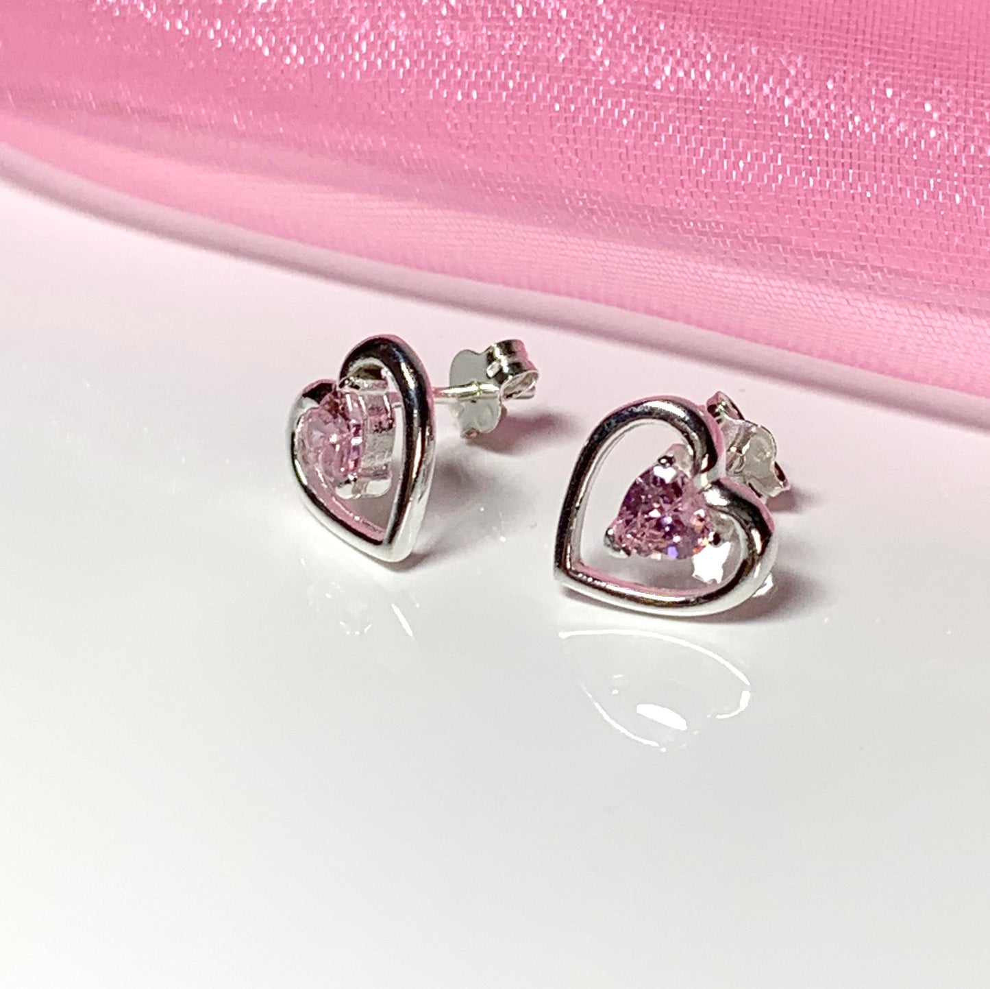 Pink heart shaped stud earrings cubic zirconia sterling silver