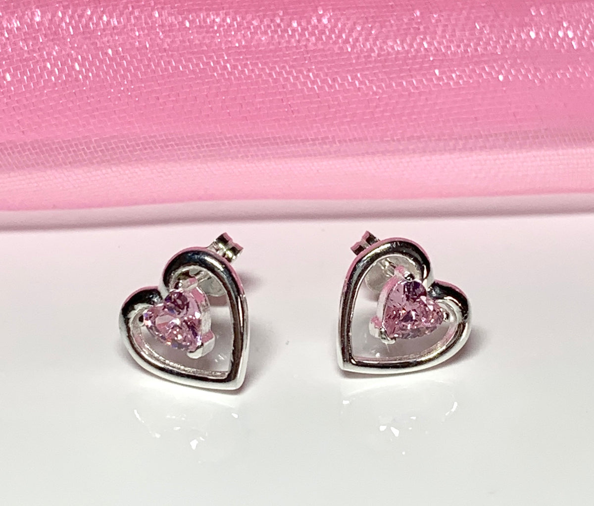 Pink heart shaped stud earrings cubic zirconia sterling silver