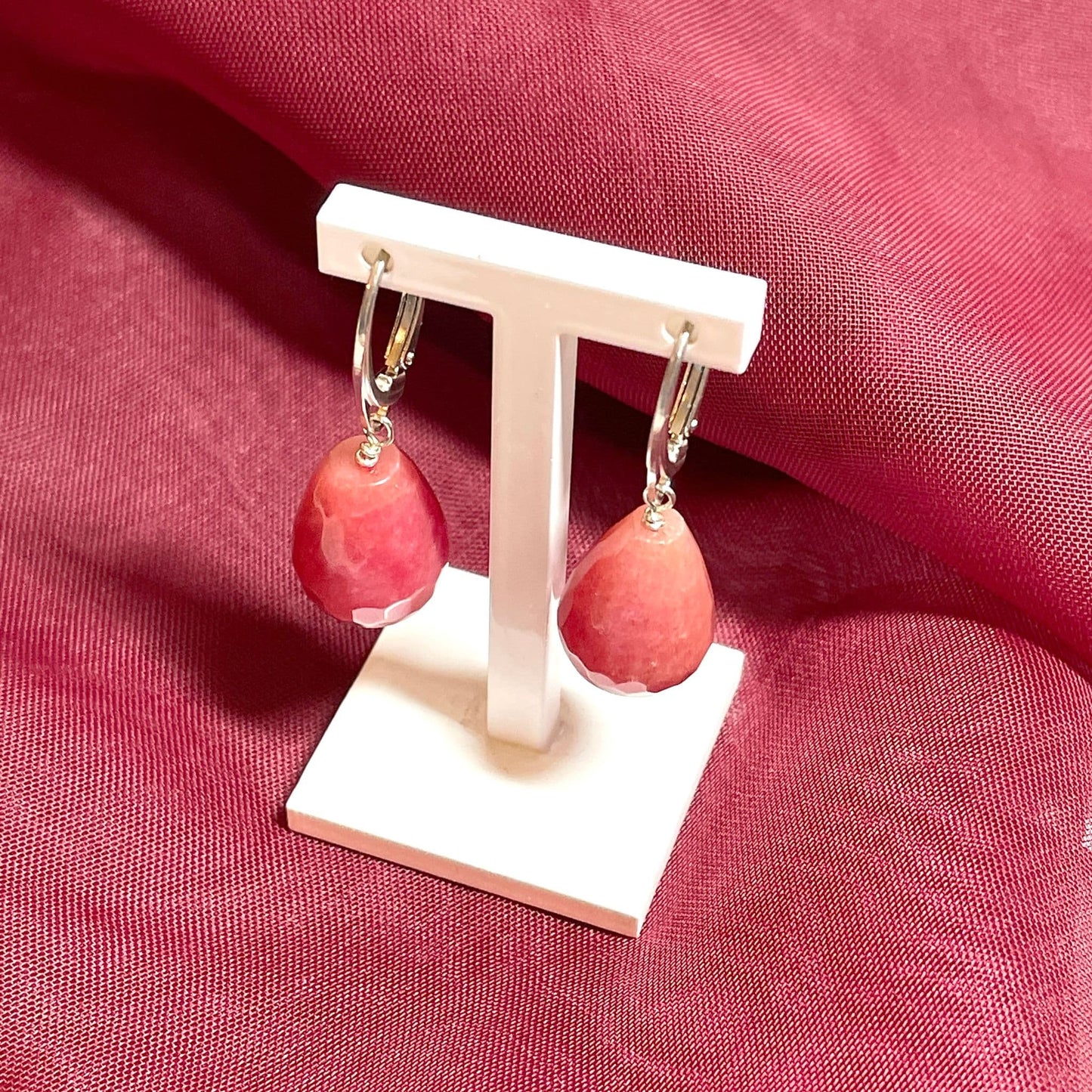 Pink jade teardrop shaped sterling silver drop earrings