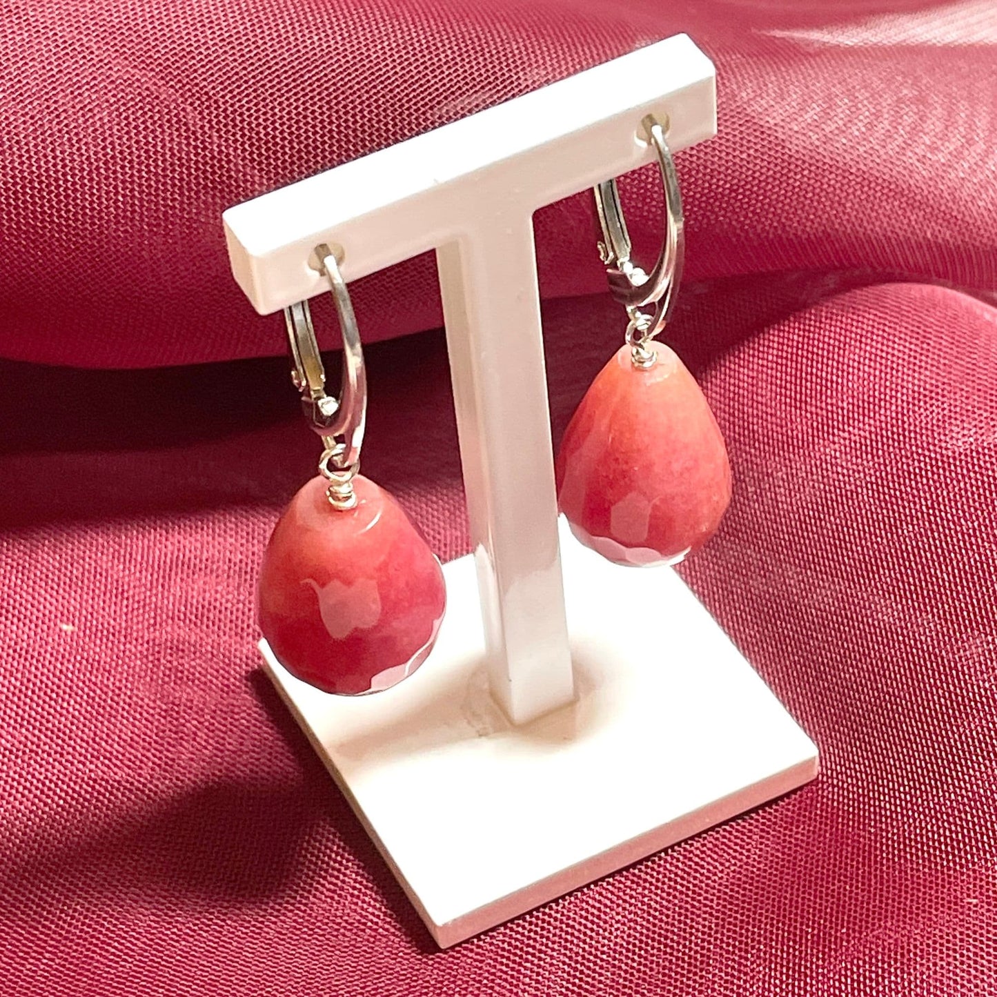 Pink jade teardrop shaped sterling silver drop earrings