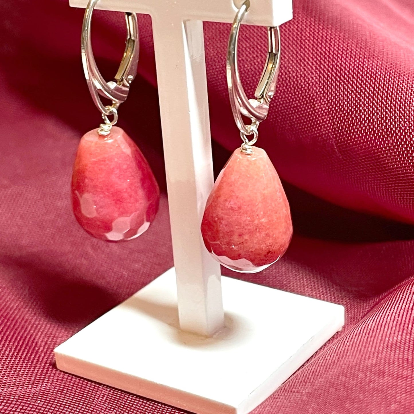 Pink jade teardrop shaped sterling silver drop earrings