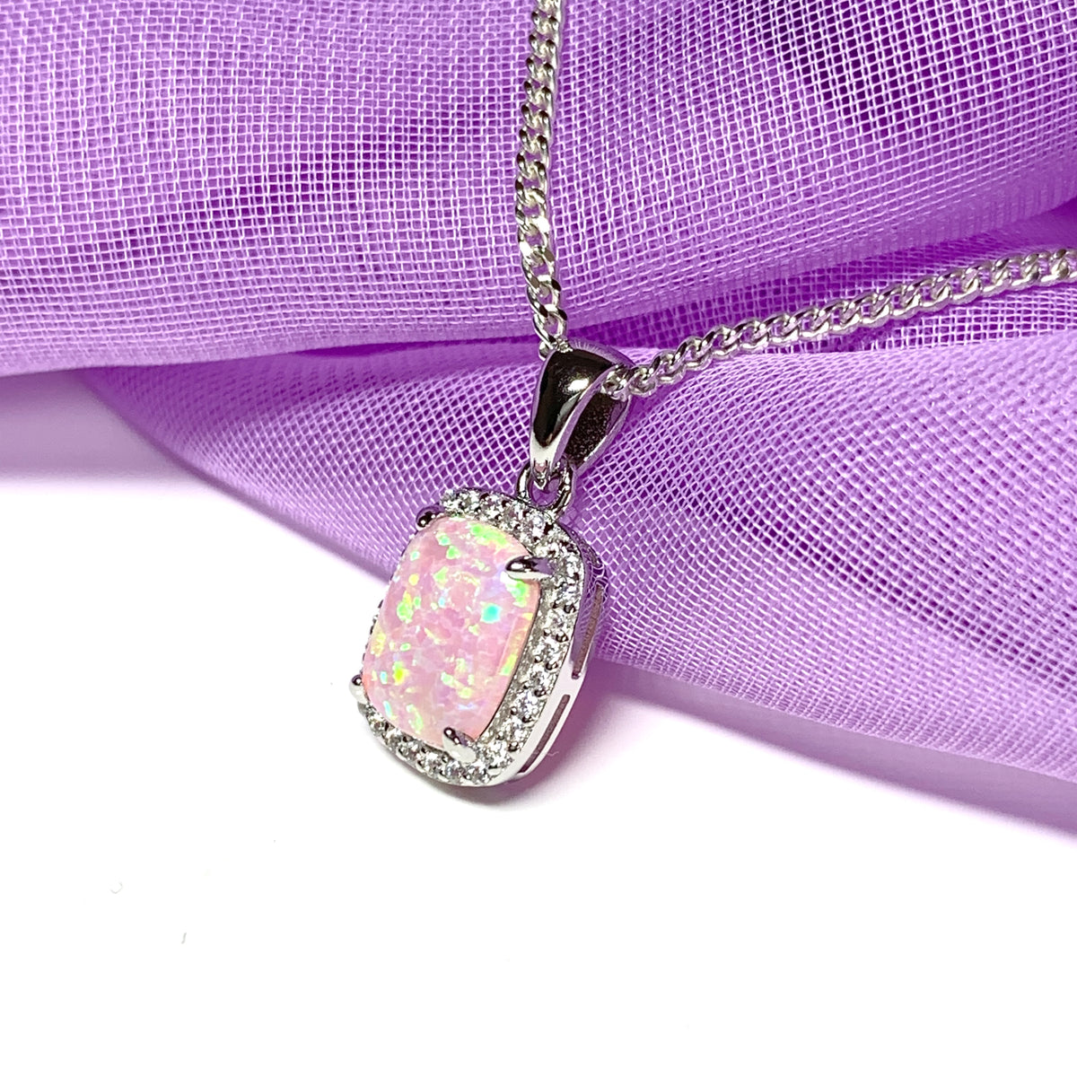 Pink opal necklace square sterling silver and cubic zirconia pendant
