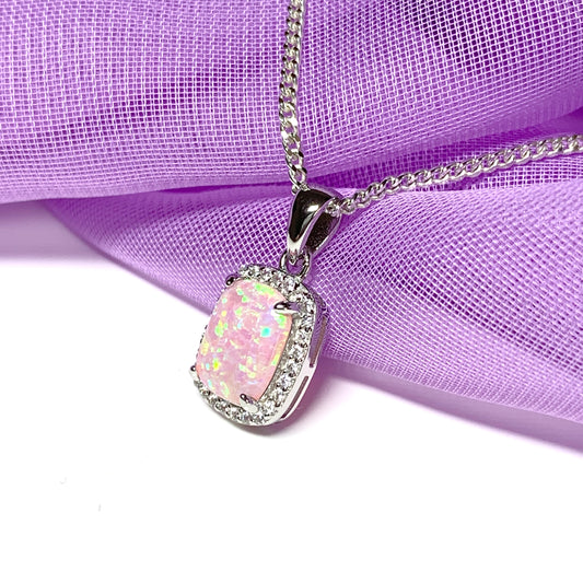 Pink opal necklace square sterling silver and cubic zirconia pendant