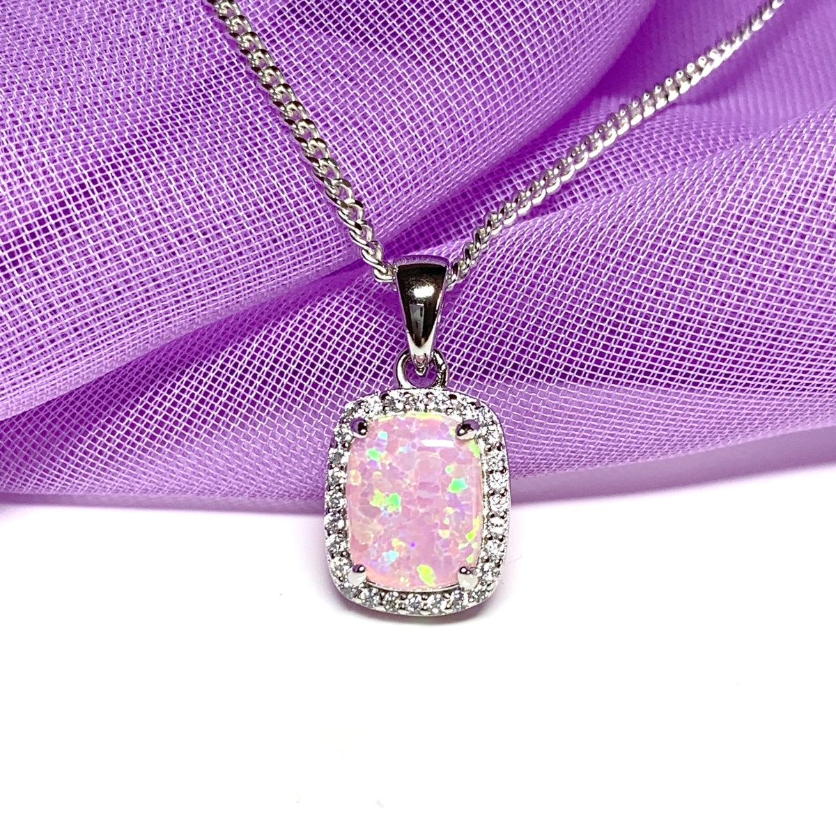 Pink opal necklace square sterling silver and cubic zirconia pendant