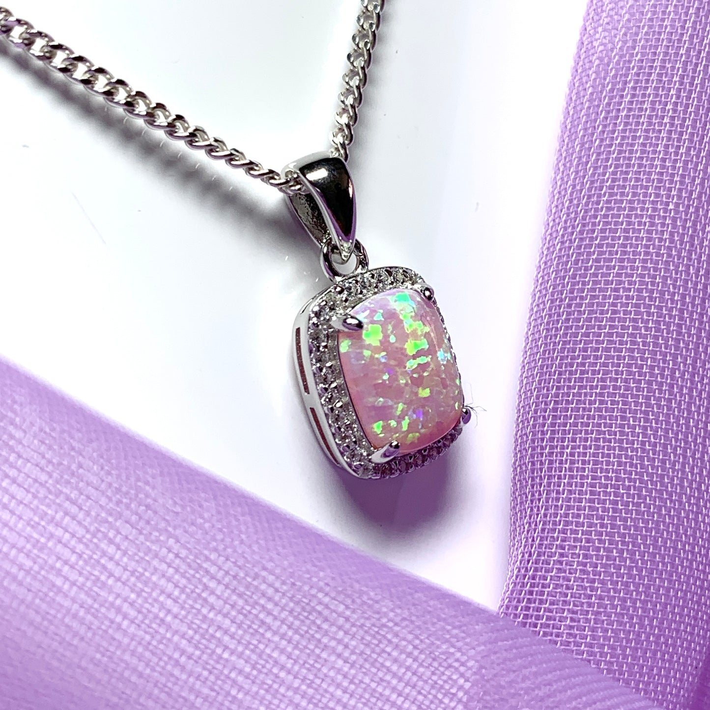 Pink opal necklace square sterling silver and cubic zirconia pendant