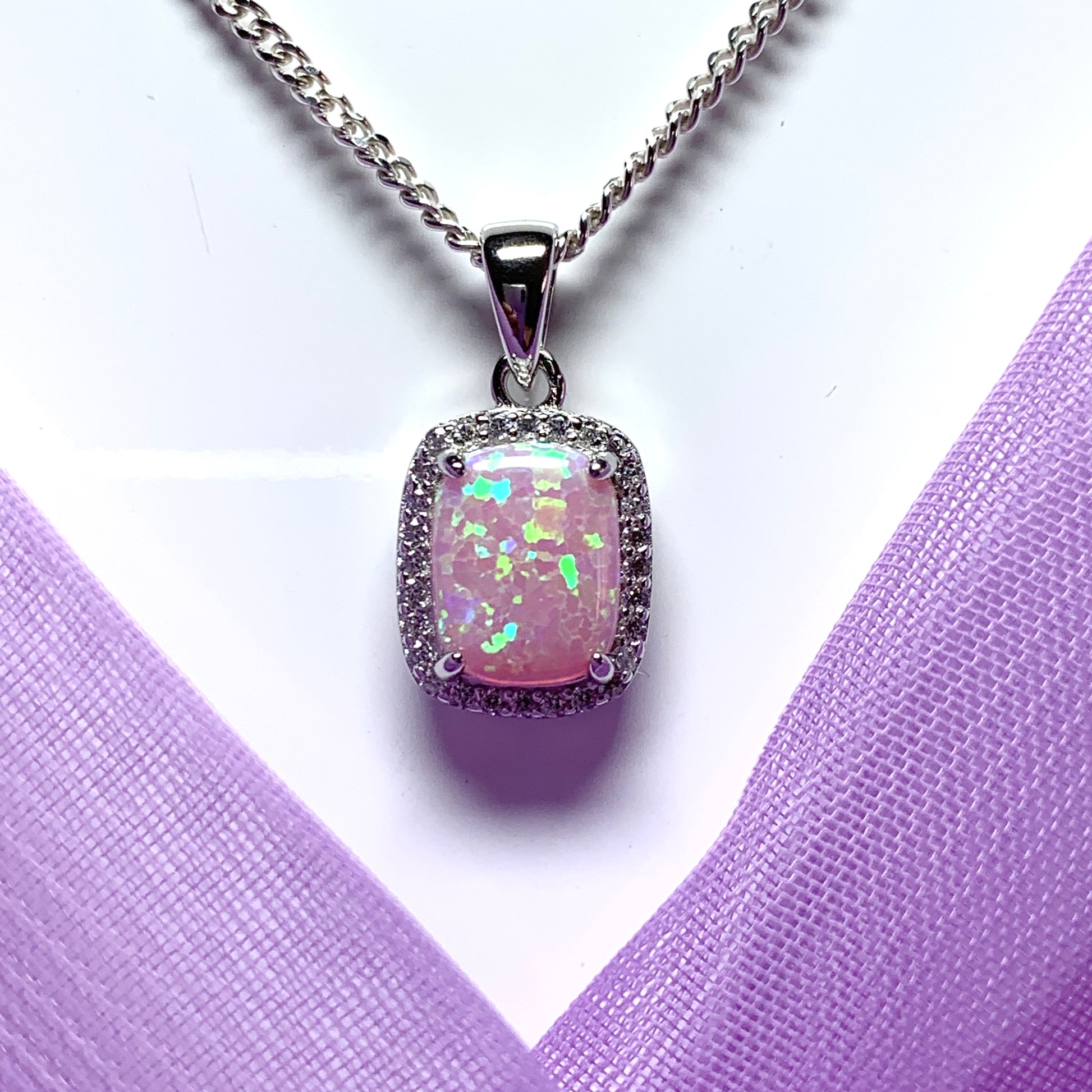 Pink opal necklace square sterling silver and cubic zirconia pendant