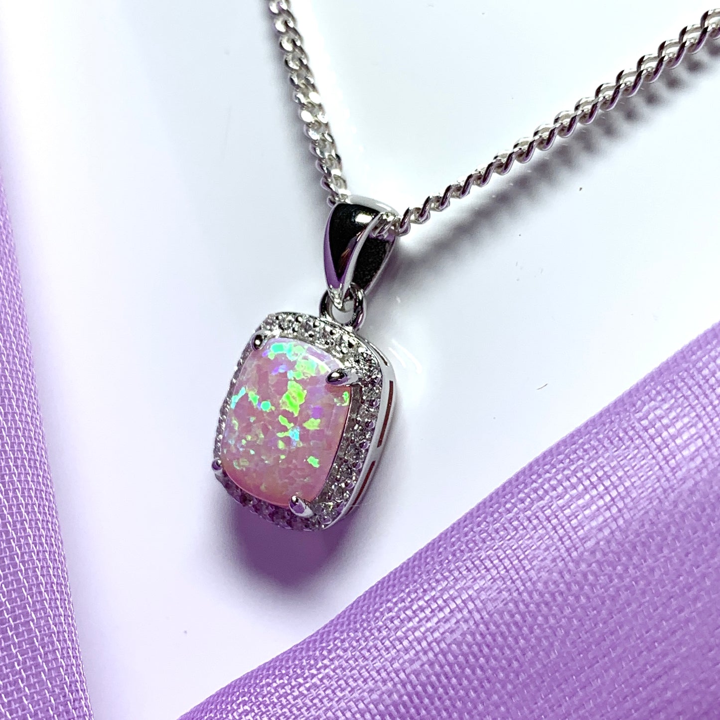 Pink opal necklace square sterling silver and cubic zirconia pendant
