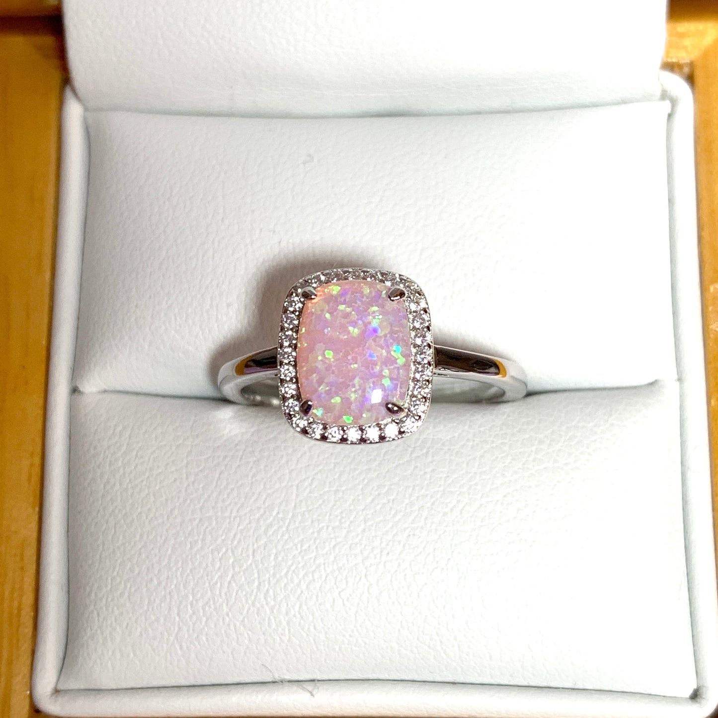 Pink opal ring cluster square sterling silver cubic zirconia