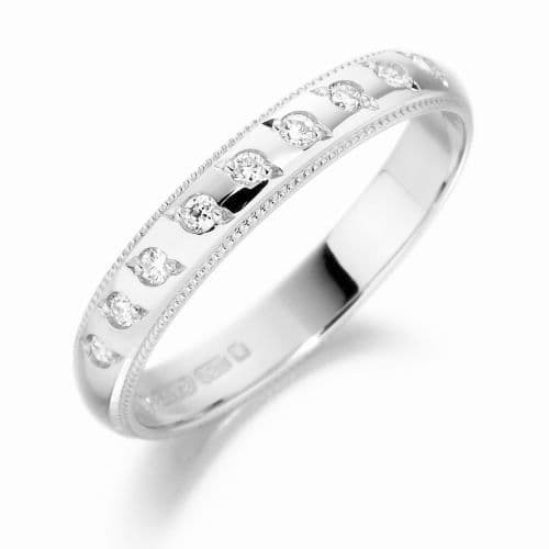Platinum Diamond Set Beaded Edge Wedding Ring