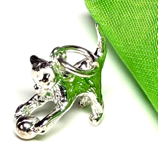 Playful cat and ball charm solid sterling silver