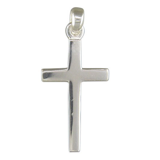 Polished plain solid sterling silver cross including a curb chain