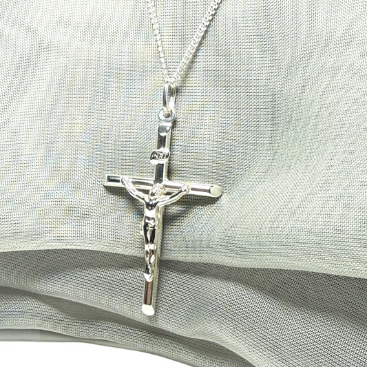 Polished sterling silver crucifix cross necklace including chain