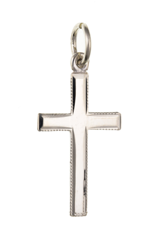 Polished plain beaded edge solid sterling silver cross including chain
