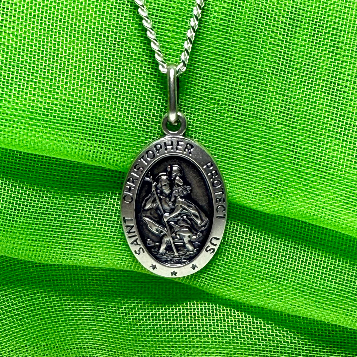 Protect Us St. Christopher oval sterling silver including chain