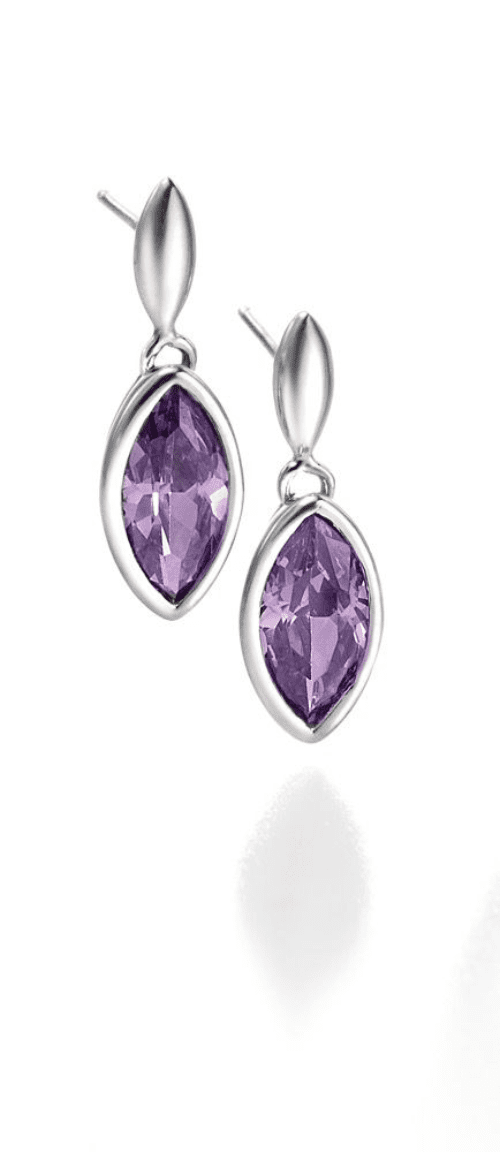Purple Amethyst Coloured Sterling Silver Marquise Drop Swirl Earrings