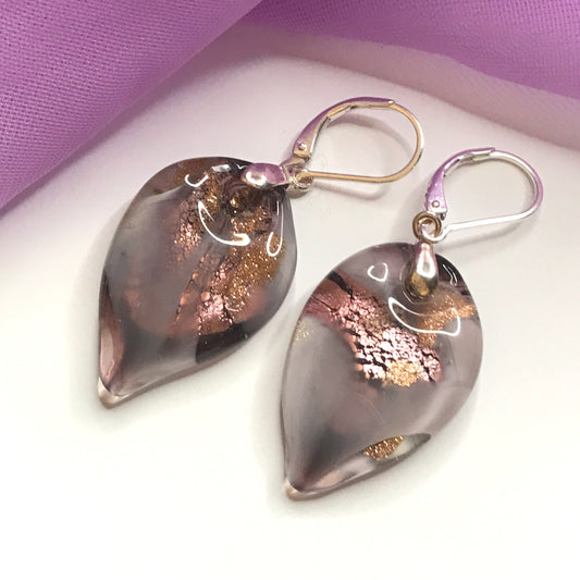 Real purple grey Murano glass drop earrings leaf shaped
