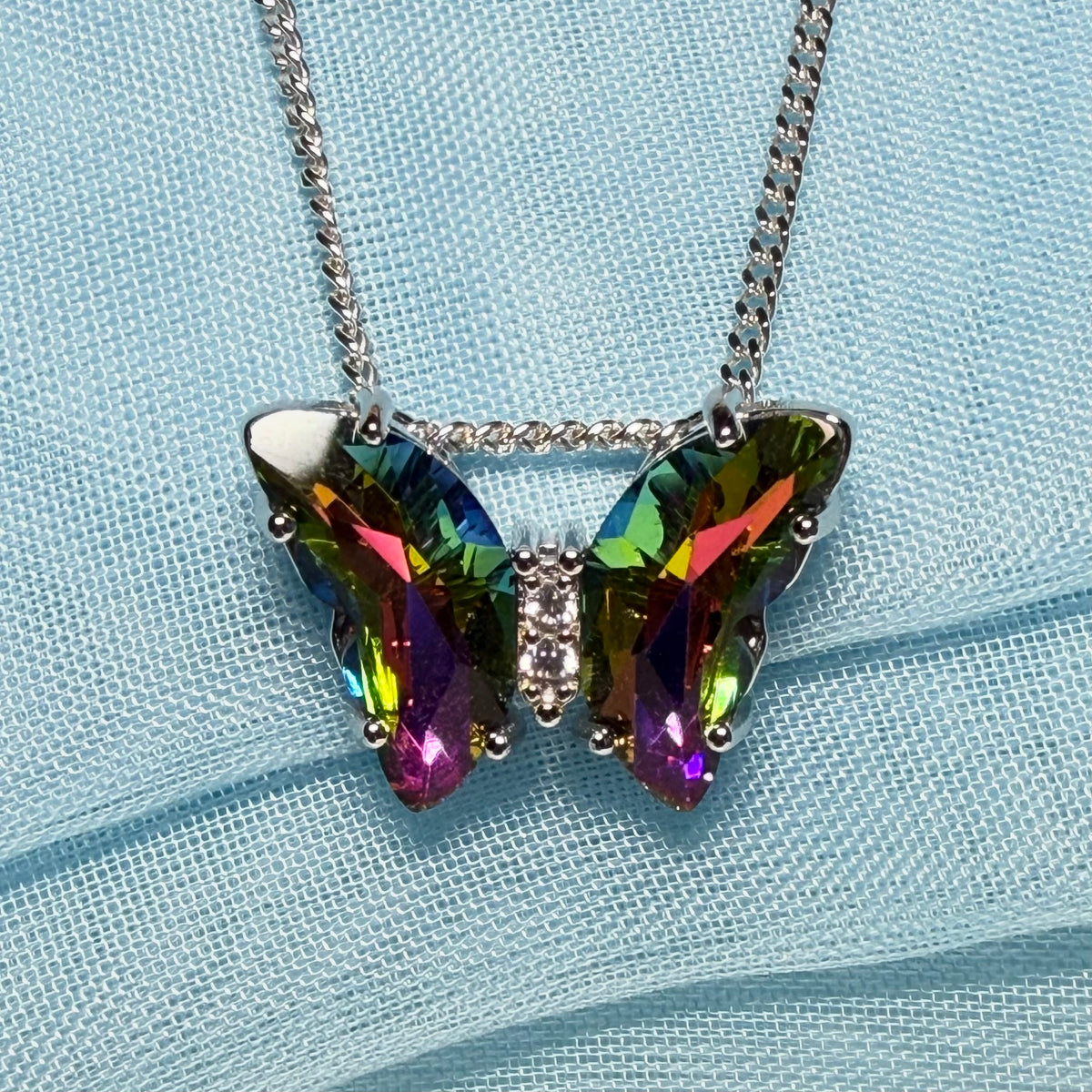 Purple multi coloured crystal glass necklace blue butterfly shape pendant sterling silver