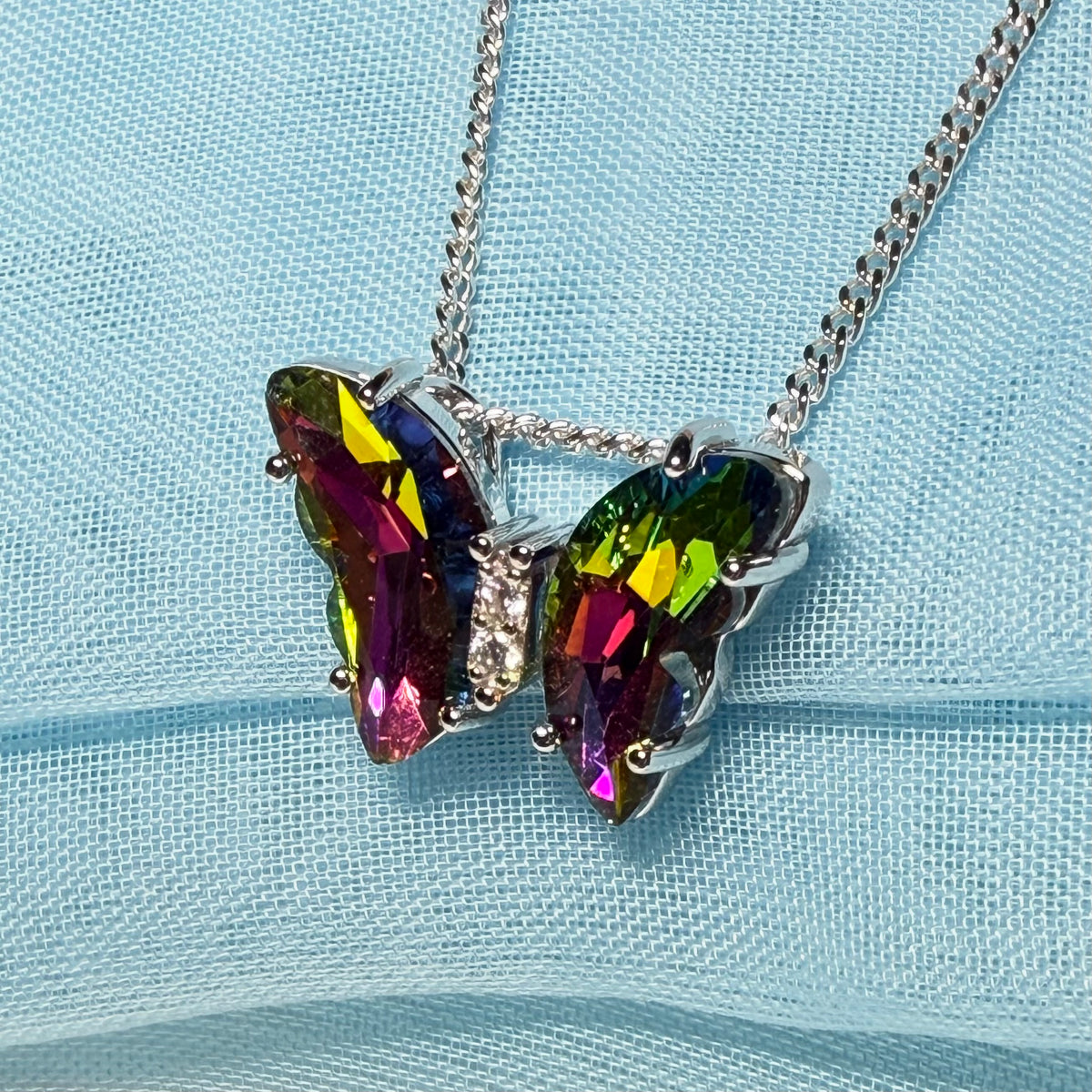 Purple multi coloured crystal glass necklace blue butterfly shape pendant sterling silver
