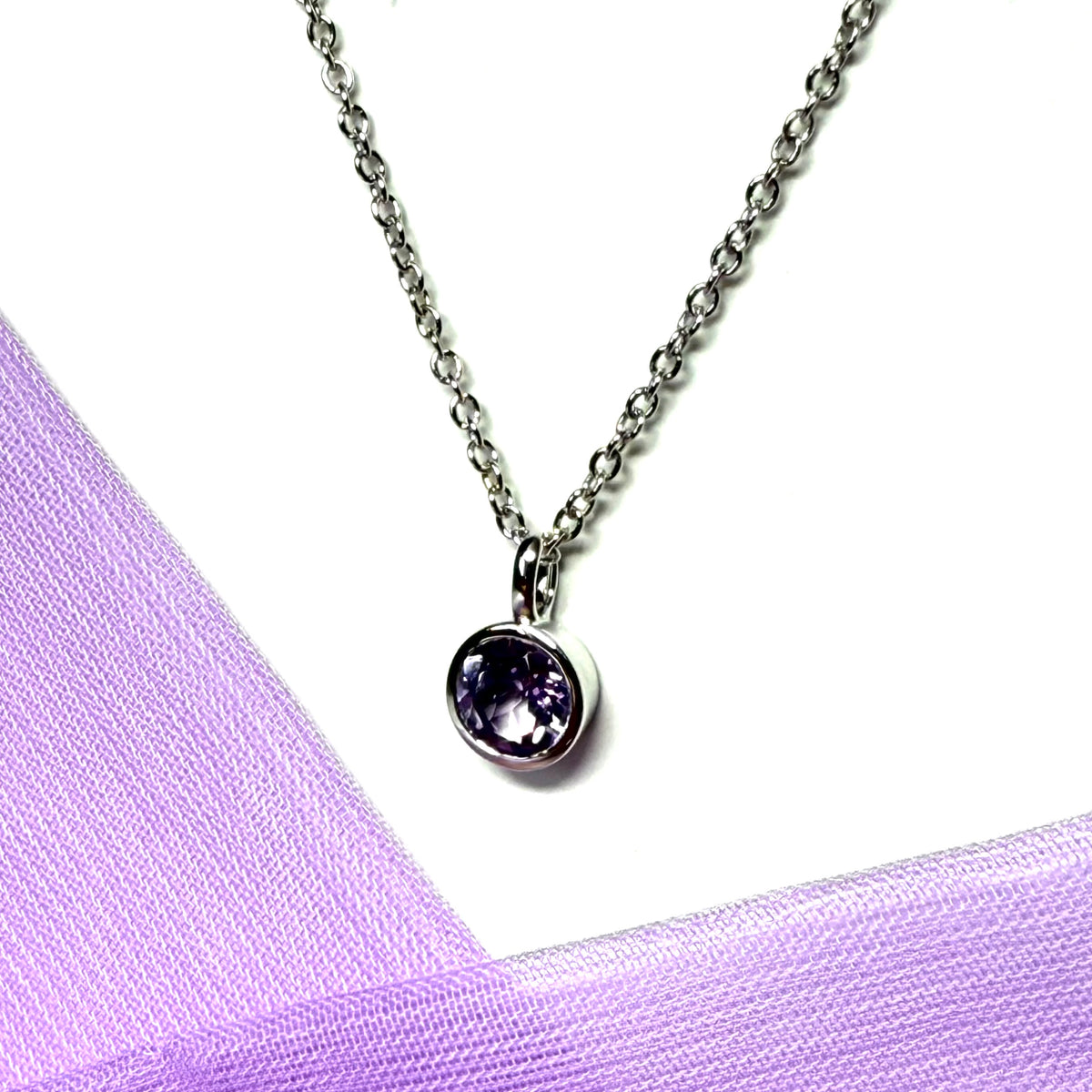 Purple real amethyst round silver necklace smooth rubbed over pendant with chain