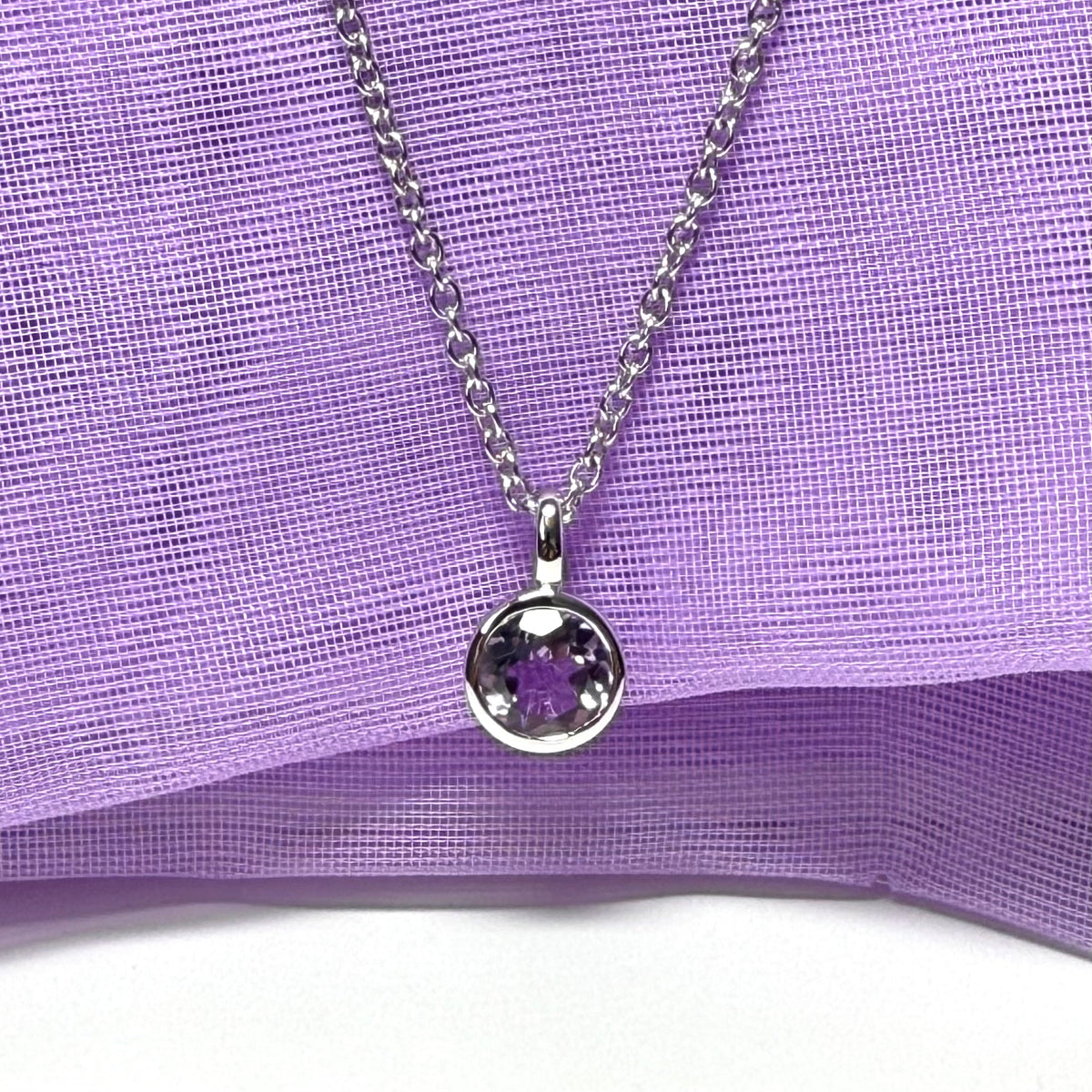 Purple real amethyst round silver necklace smooth rubbed over pendant with chain