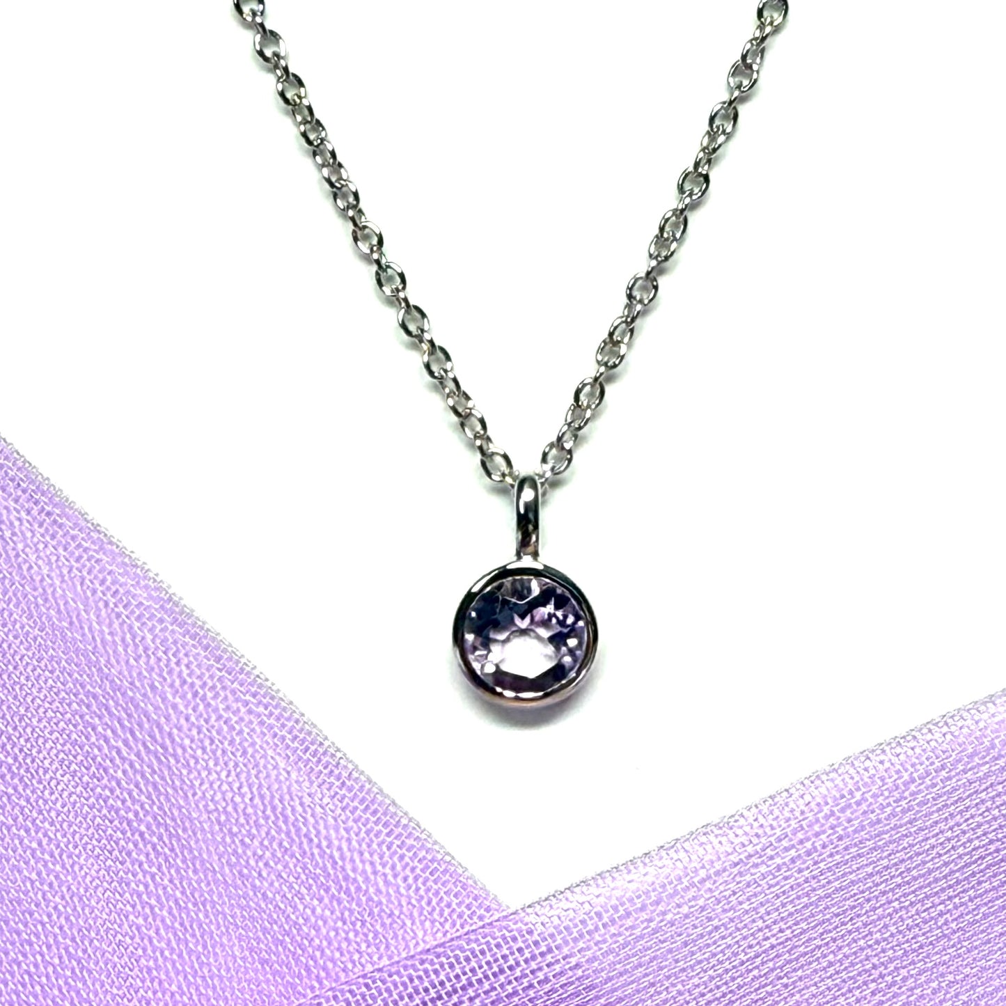 Purple real amethyst round silver necklace smooth rubbed over pendant with chain