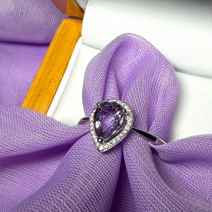 Purple teardrop pear shaped amethyst and diamond white gold cluster ring