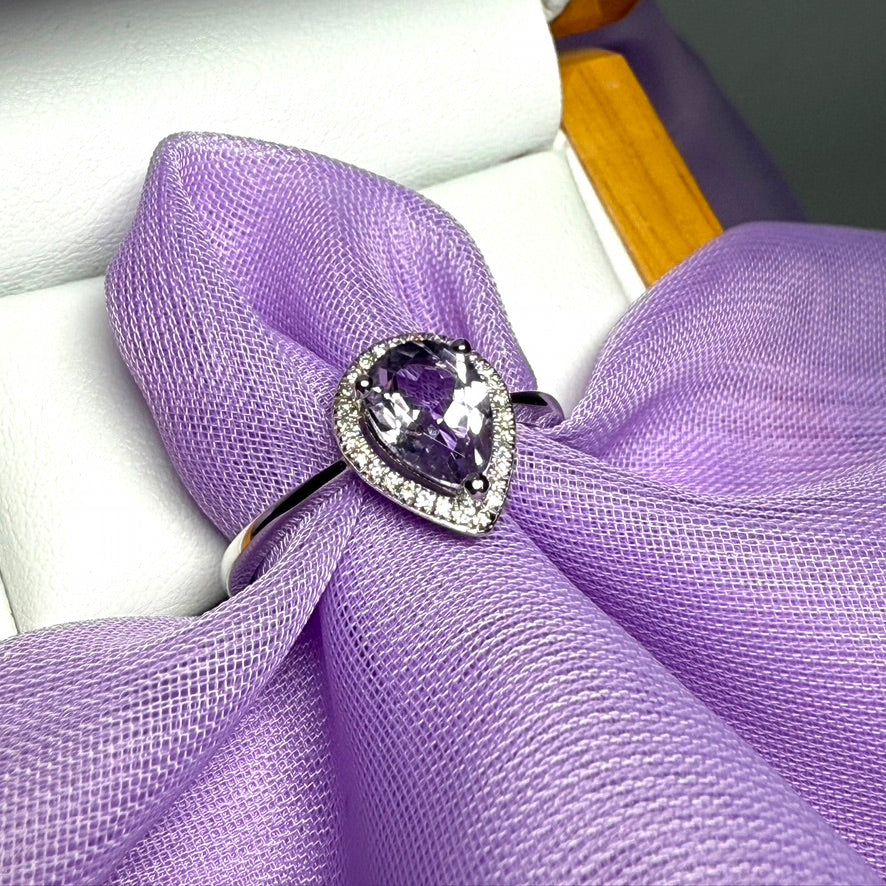 Purple teardrop pear shaped amethyst and diamond white gold cluster ring