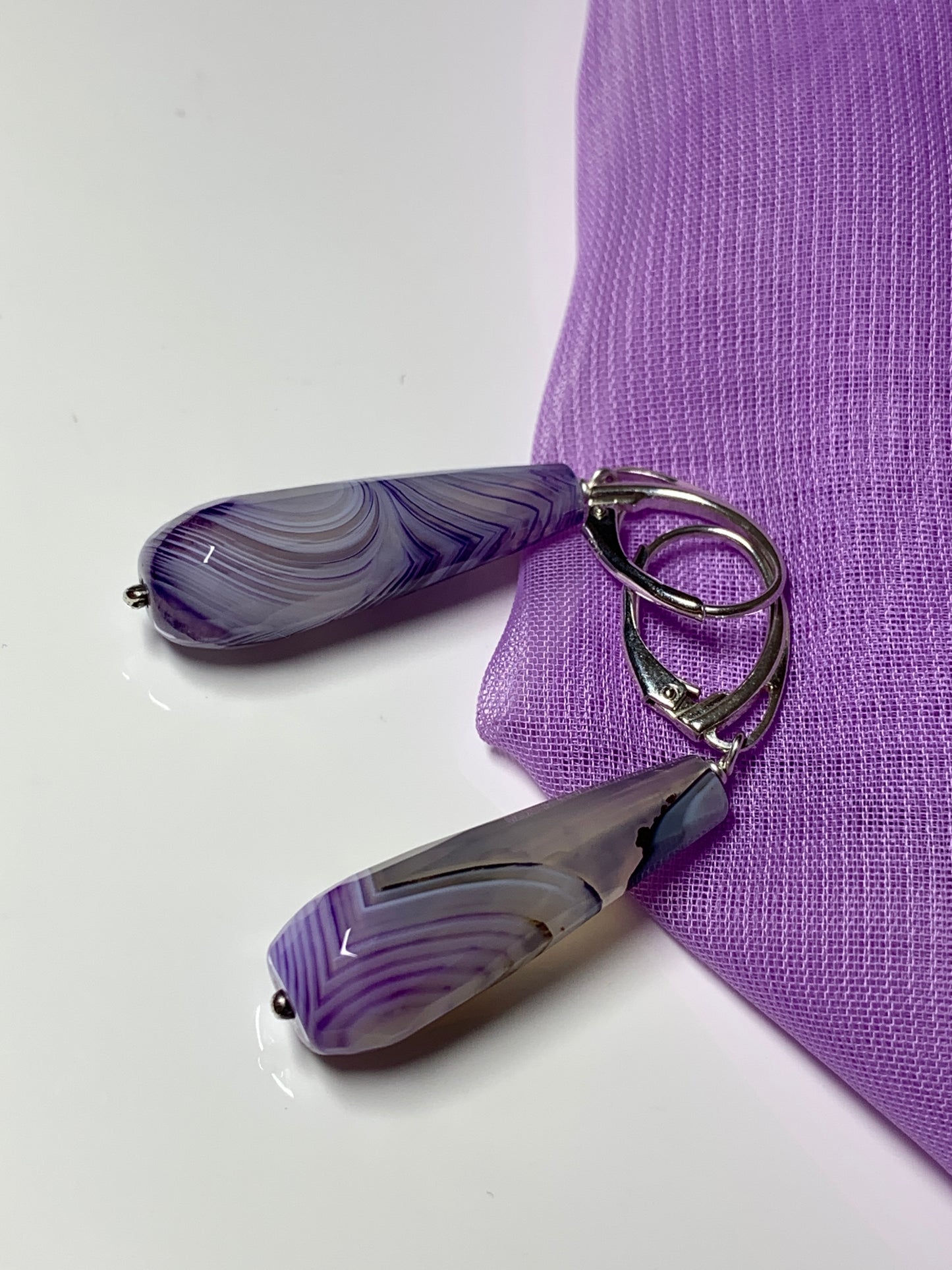 Purple agate teardrop shaped long drop earring