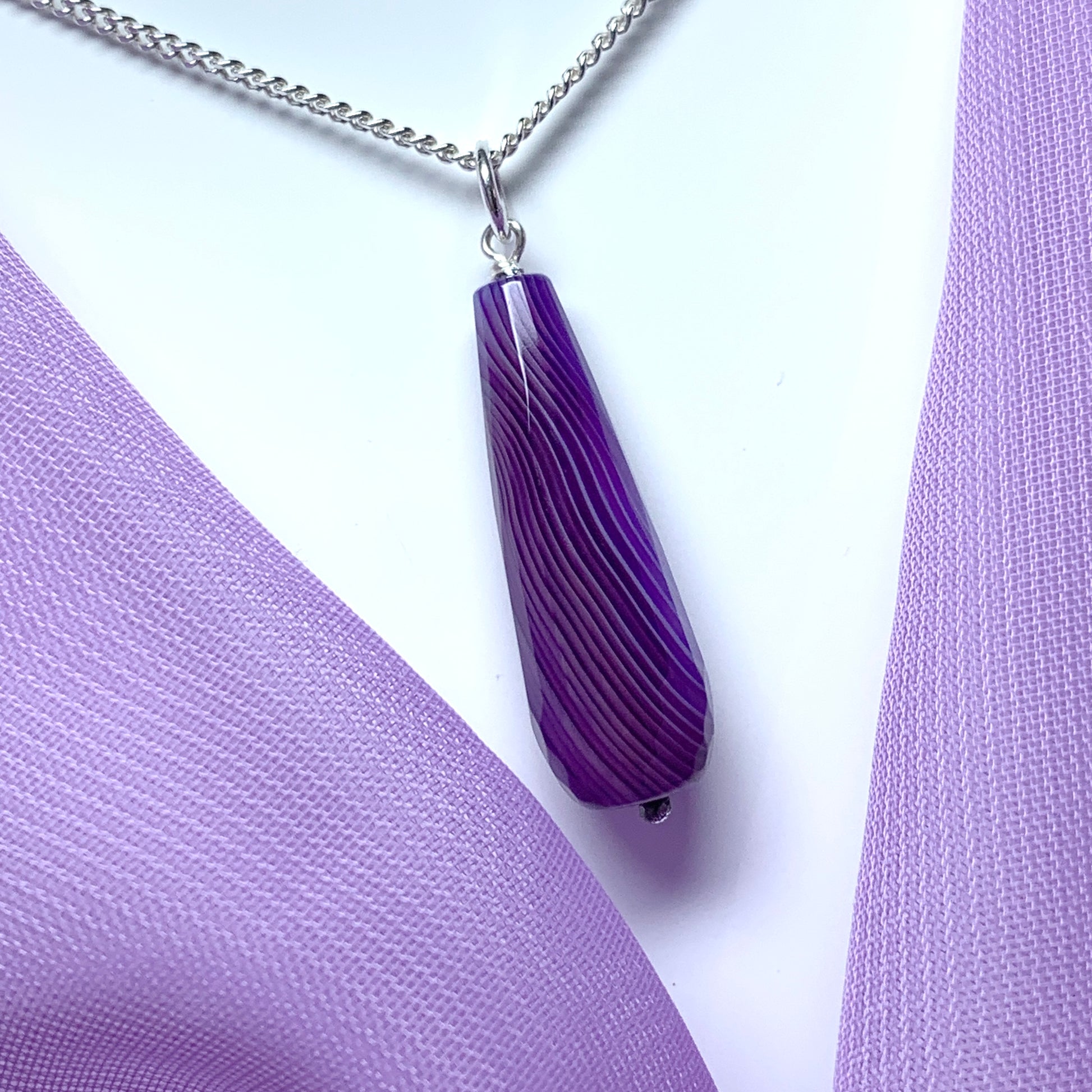 Purple agate tear drop necklace pendent sterling silver