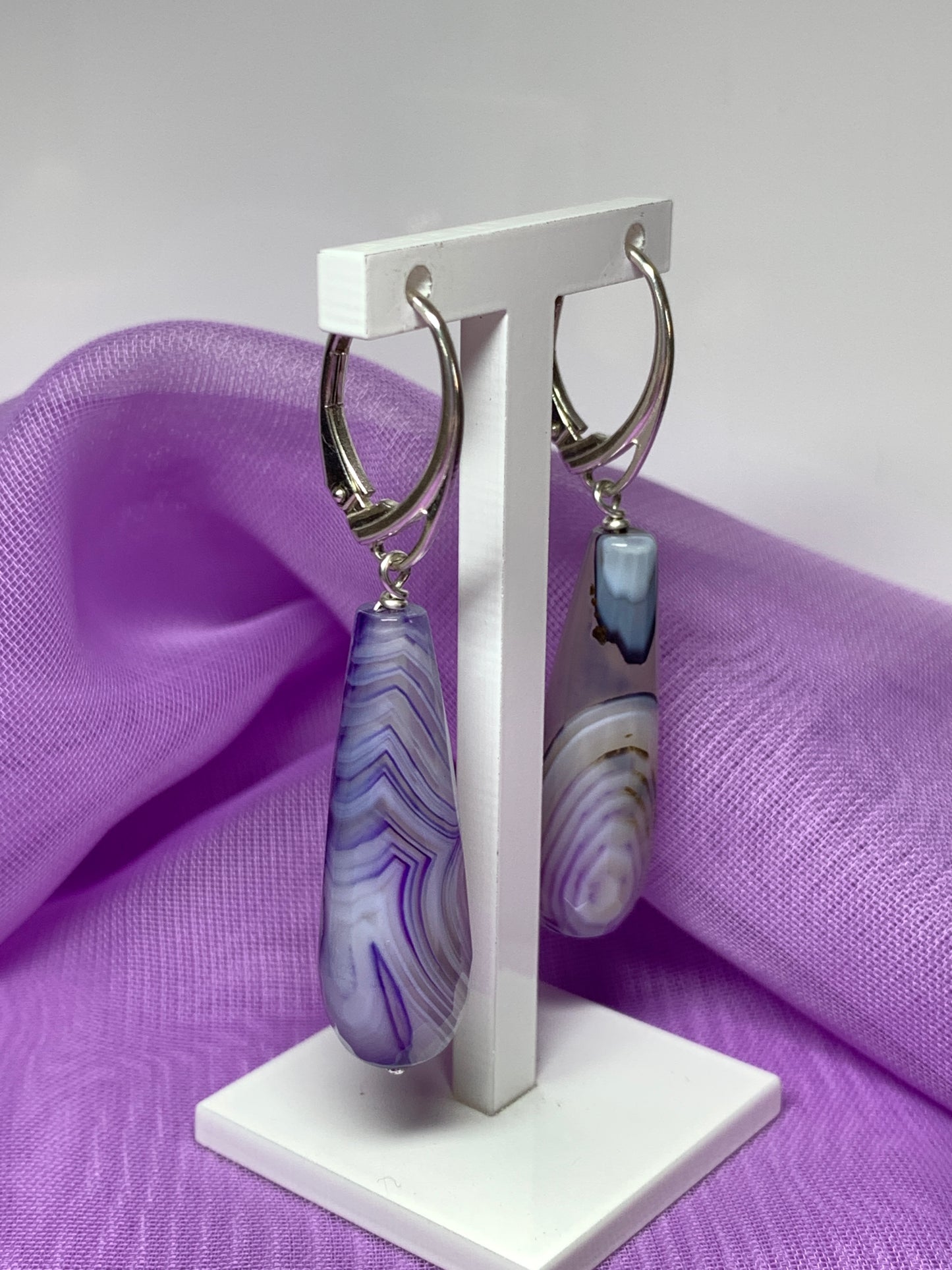 Purple agate teardrop shaped long drop earring