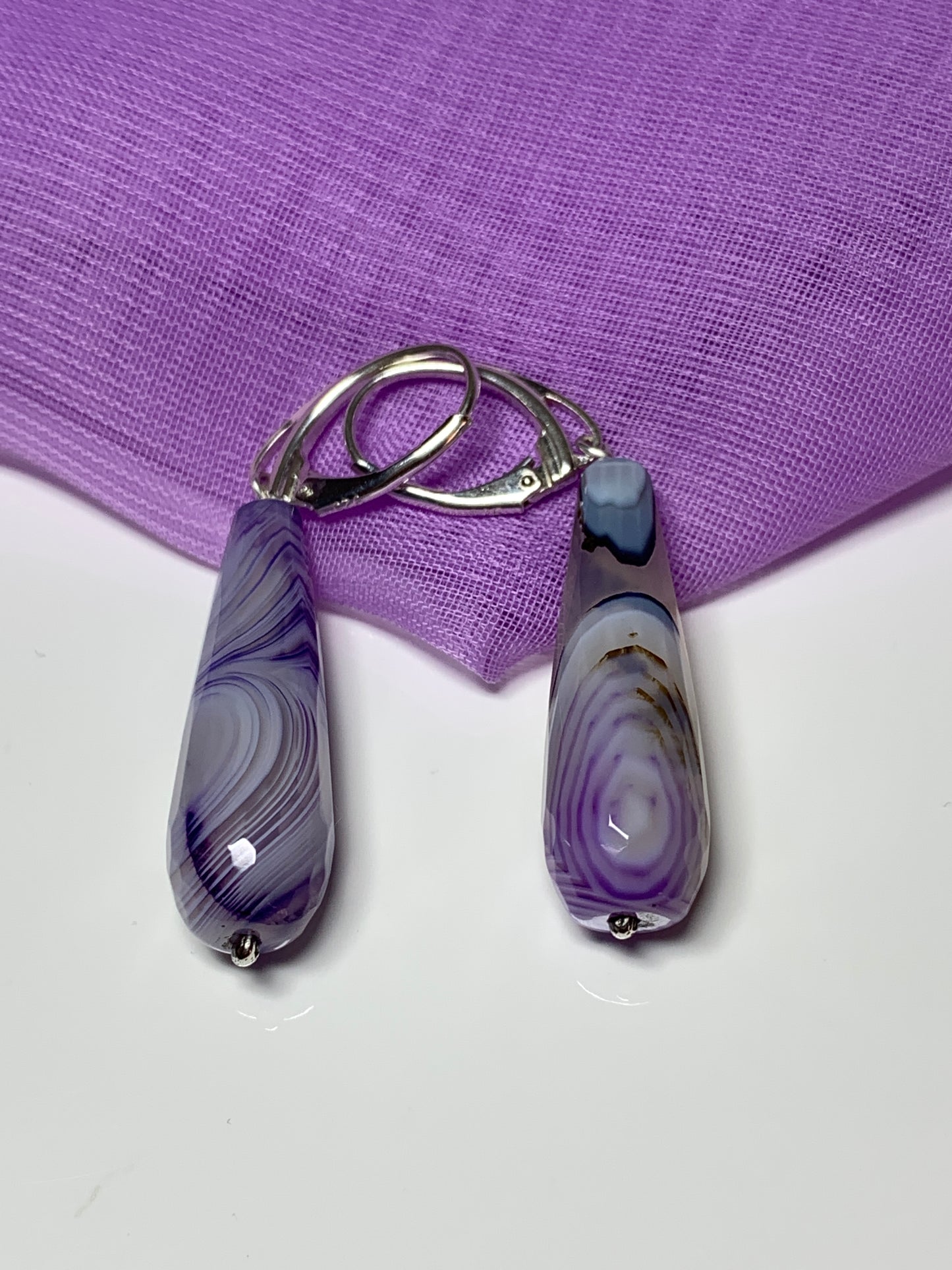 Purple agate teardrop shaped long drop earring