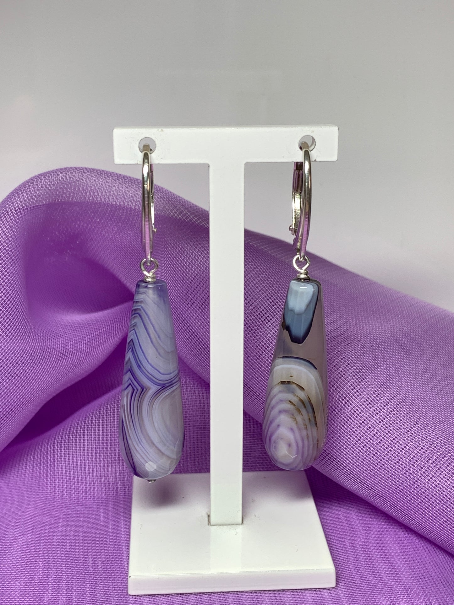 Purple agate teardrop shaped long drop earring