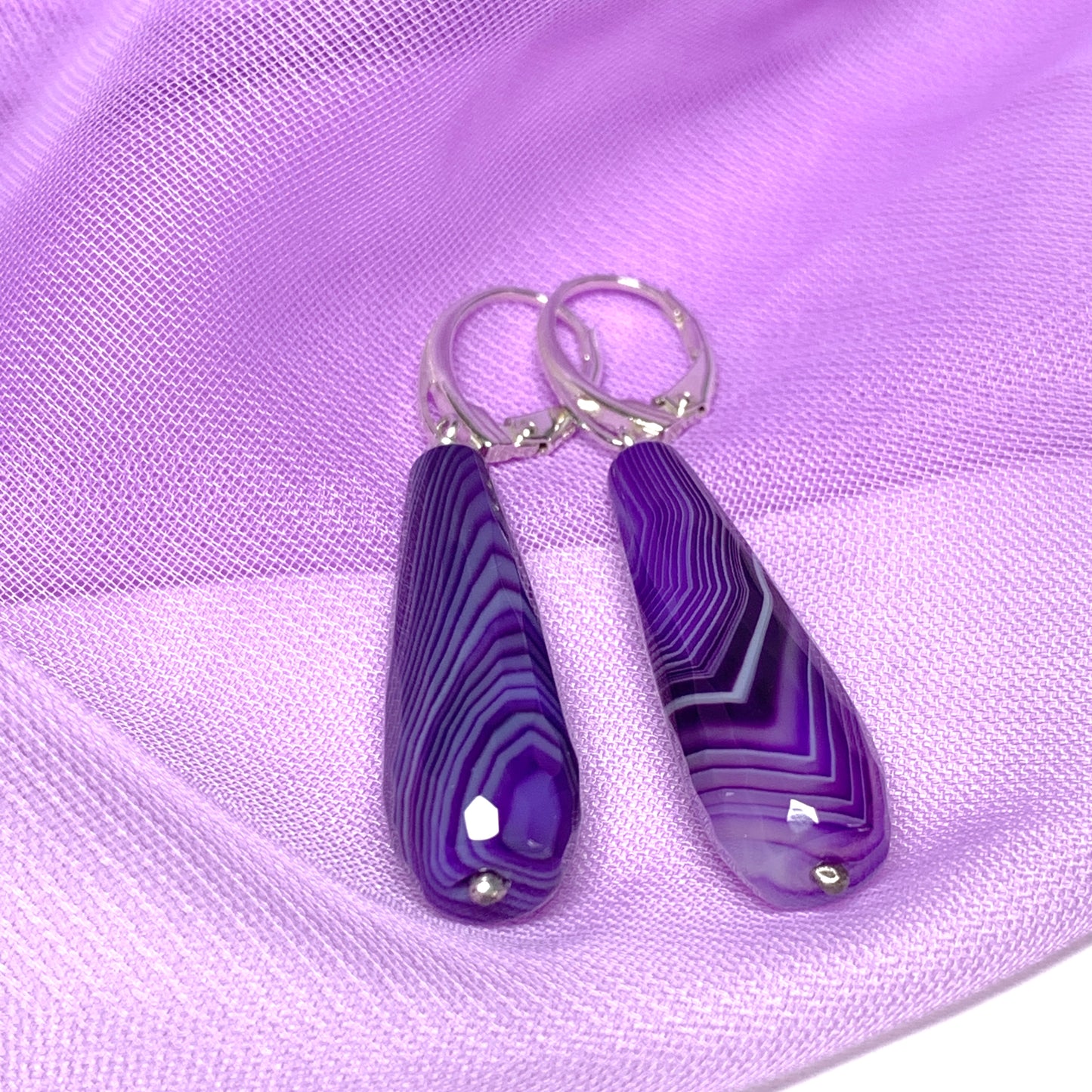 Purple agate teardrop shaped long drop earrings