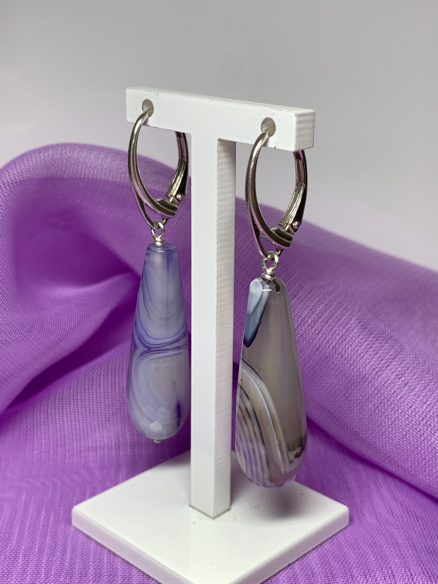 Purple agate teardrop shaped long drop earring