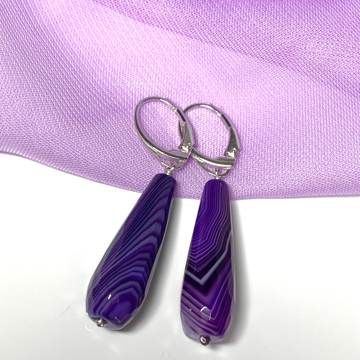 Purple agate teardrop shaped long drop earrings