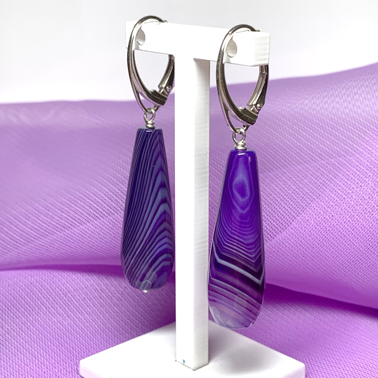 Purple agate teardrop shaped long drop earrings